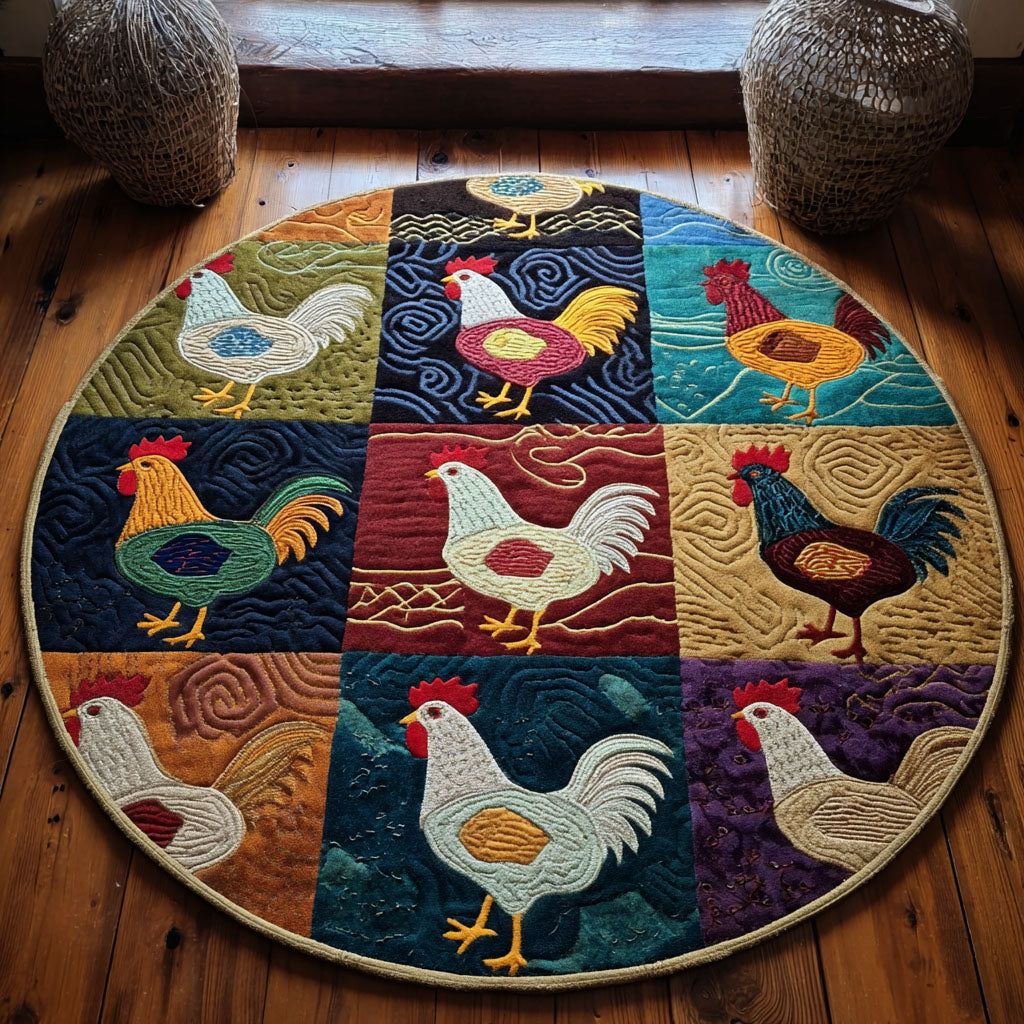 Barnyard Brights round rug – rooster patchwork