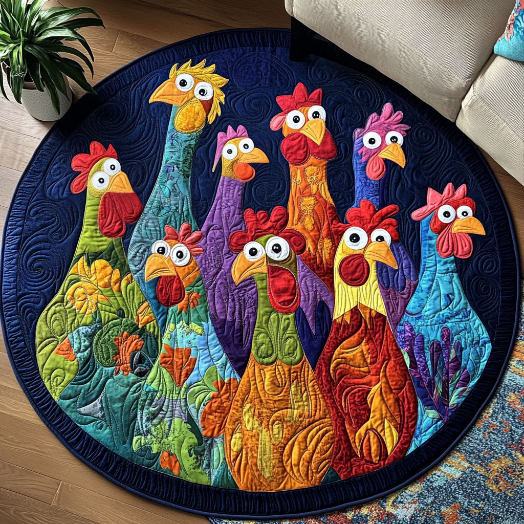 Barnyard Majesty Hens round quilted mat – colourful hens