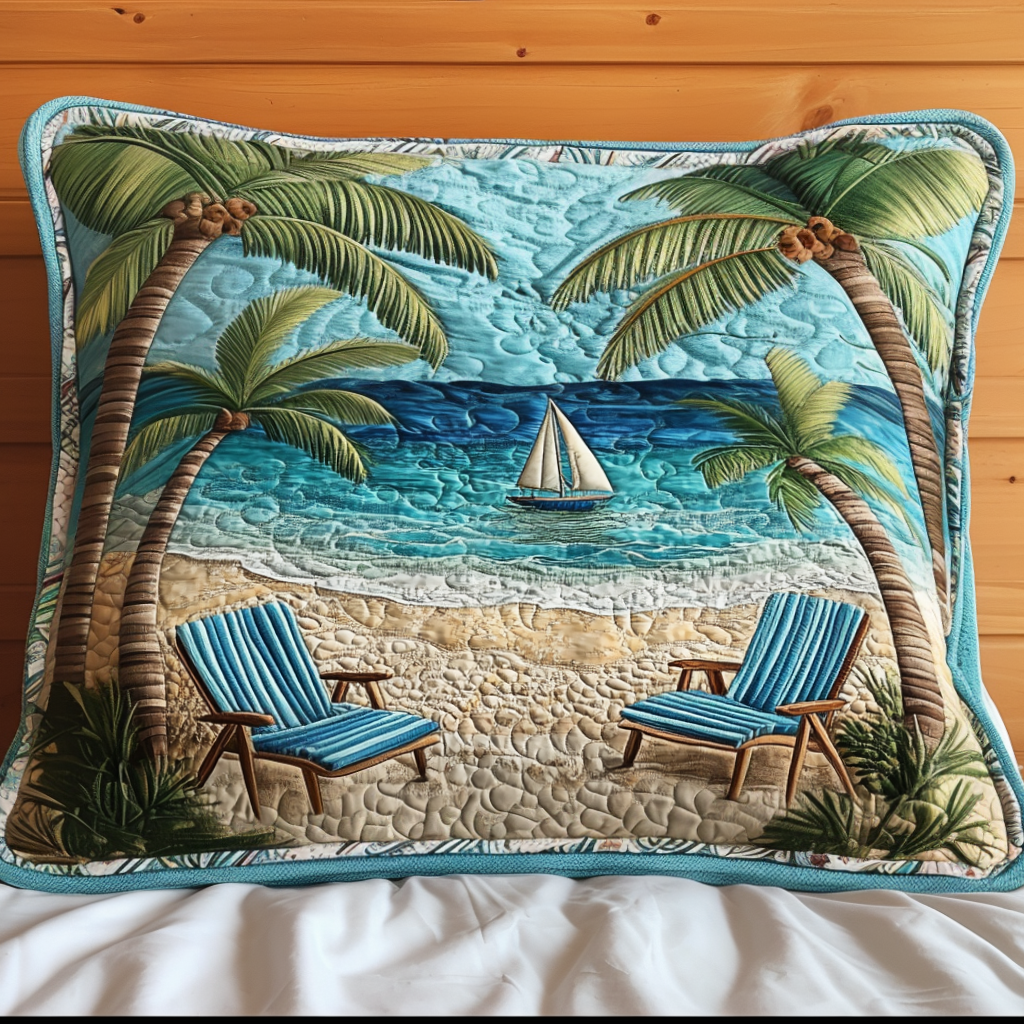 Beach Chairs and Sailboat quilted pillowcase – beach chairs facing a sailboat between palms