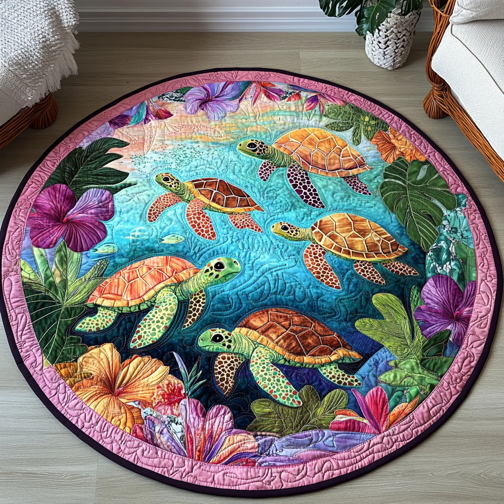 Beach Bliss Turtles round quilted mat – turtles and hibiscus