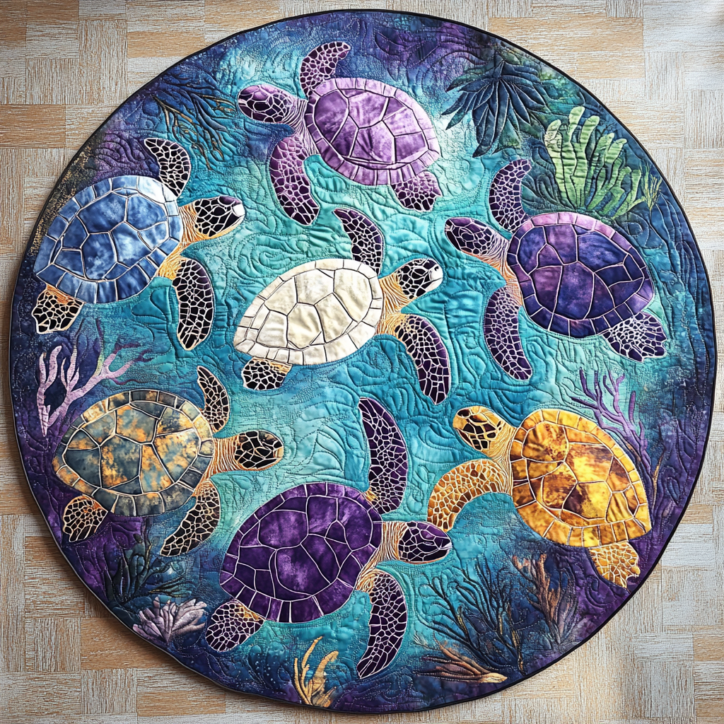 Beach Harmony Turtles round quilted mat – patterned turtles