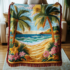Palm Beach Paradise woven sofa throw – palm trees framing a sunny beach