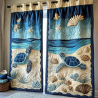 Turtle Beach Walk quilted curtains – turtles and shells on the sand