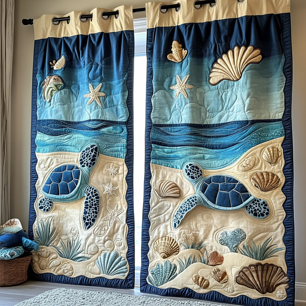 Turtle Beach Walk quilted curtains – turtles and shells on the sand