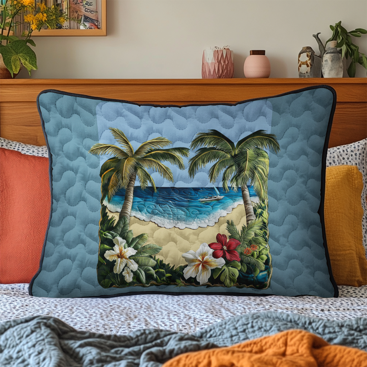 Palm Beach Blue quilted pillowcase – palm trees and flowers on soft blue