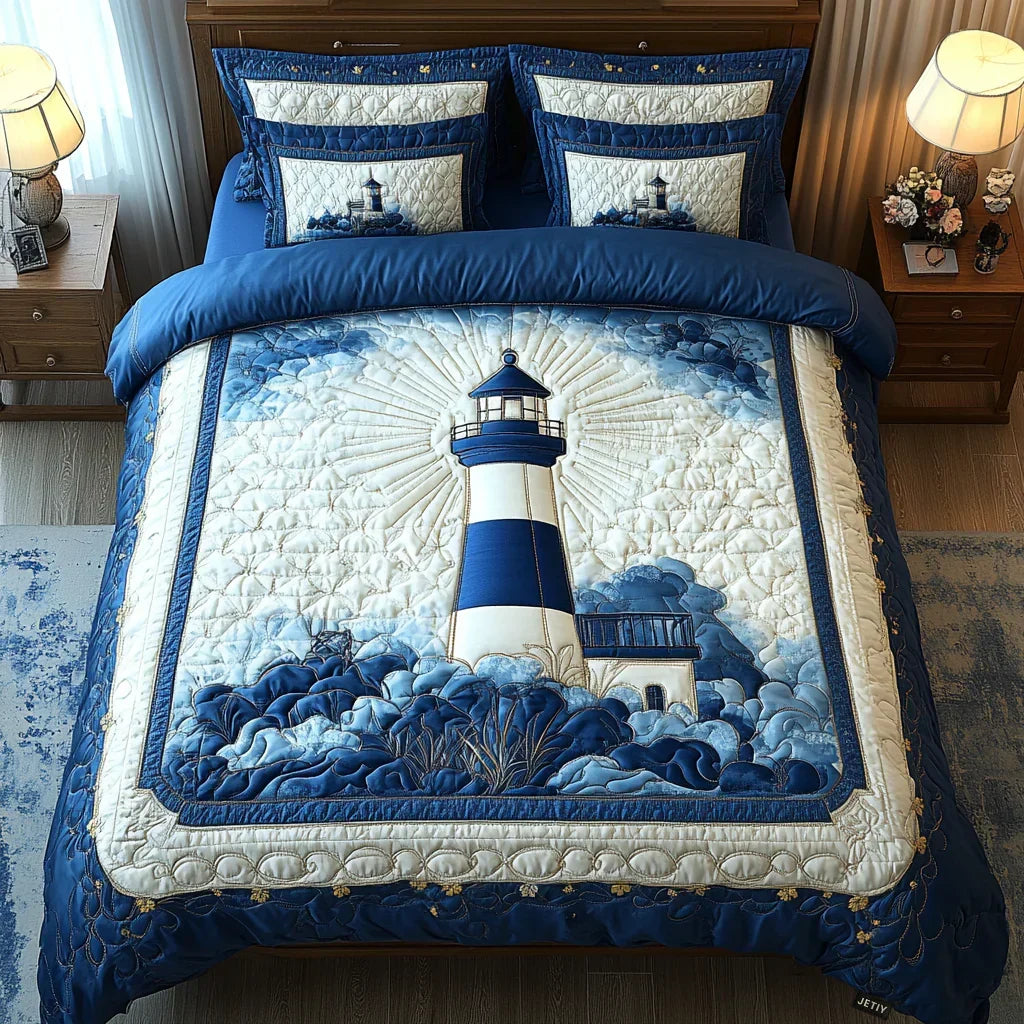 Quilted bedspread set with a white lighthouse above the rocks with gulls and sailing boats in the Lighthouse Breeze design
