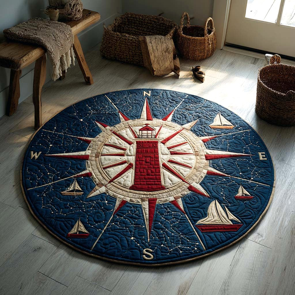 Beacon Rise round quilted mat – lighthouse compass