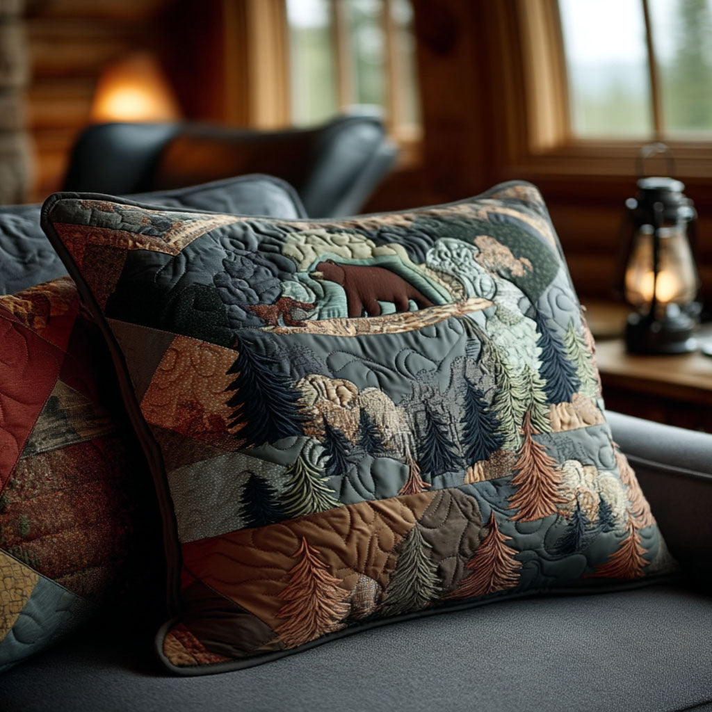 Bear Country Patchwork quilted pillowcase – bear among pines in denim and rust patchwork