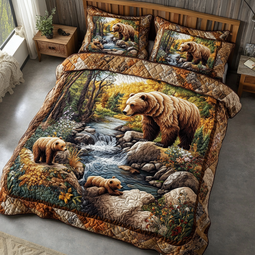 Bears by the Stream quilted bedspread set – bear and cubs by a forest stream