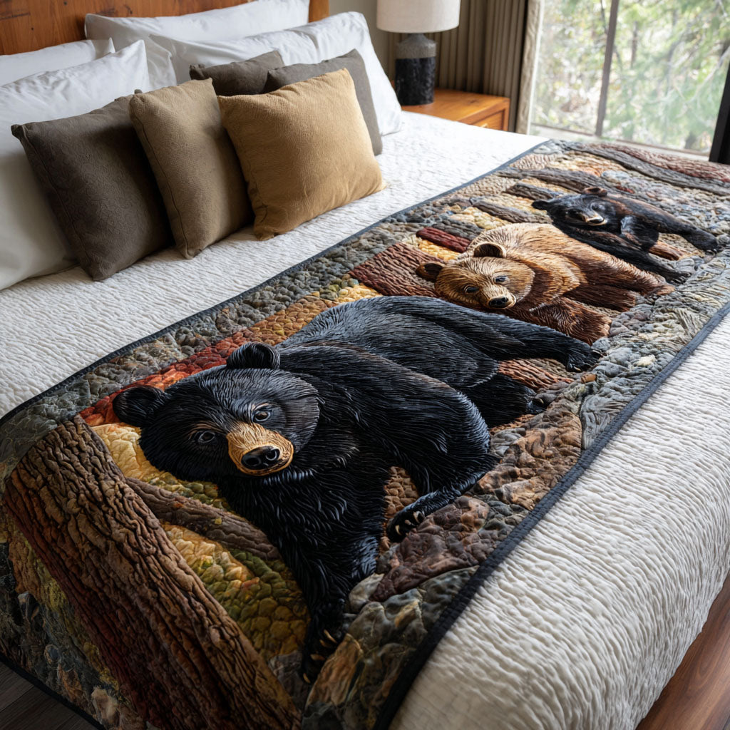 Black Bear in the Woods quilted bed runner – black bear among pines