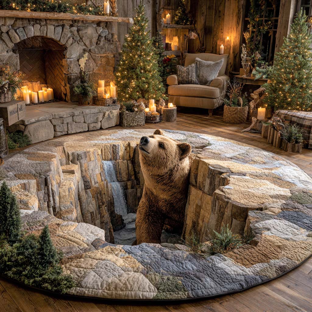 Bear Tracks Canyon round quilted mat – bear in canyon