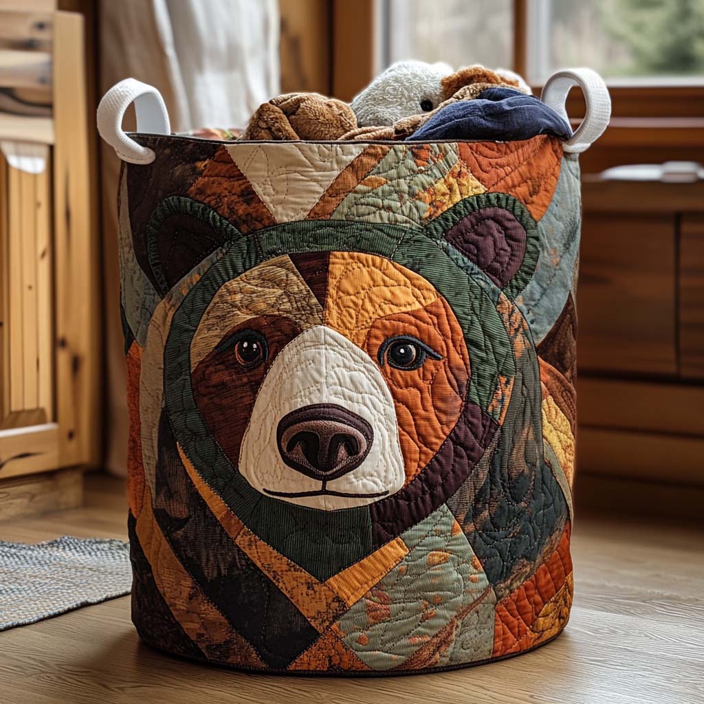 Quilted laundry basket with a Bear Tracks design of large bear paw prints in warm woodland brown, with wave stitching and carry handles