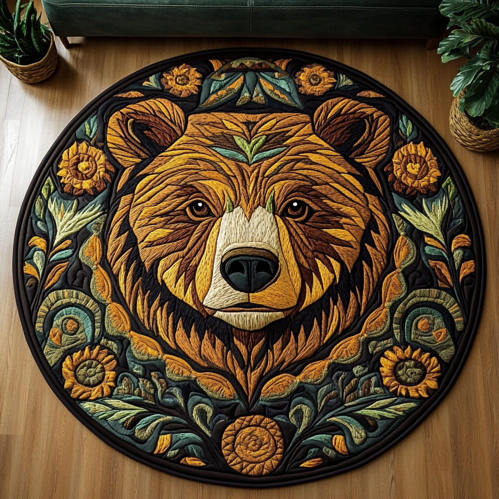 Bear Wilderness round quilted mat – bear face and flowers