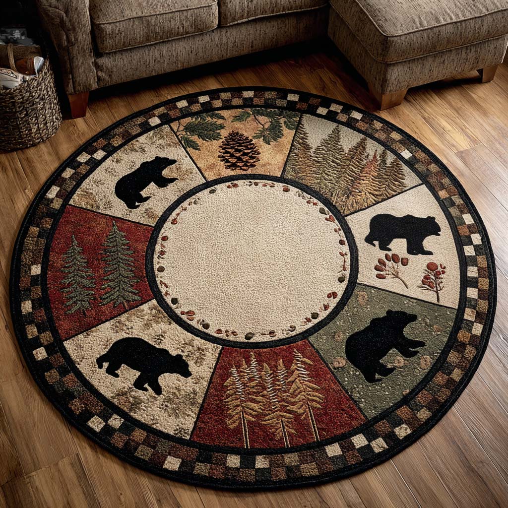 Bear Woods round quilted mat – lodge bear patchwork