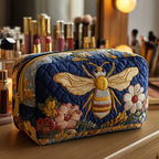 Bee Blossom quilted make-up bag with large golden honeybee over navy with pastel roses and daisies below