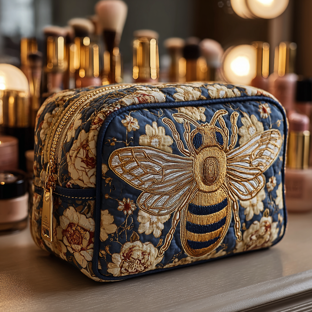 Bee Charm quilted make-up bag with large gold honeybee with lace-like wings on navy with small blooms