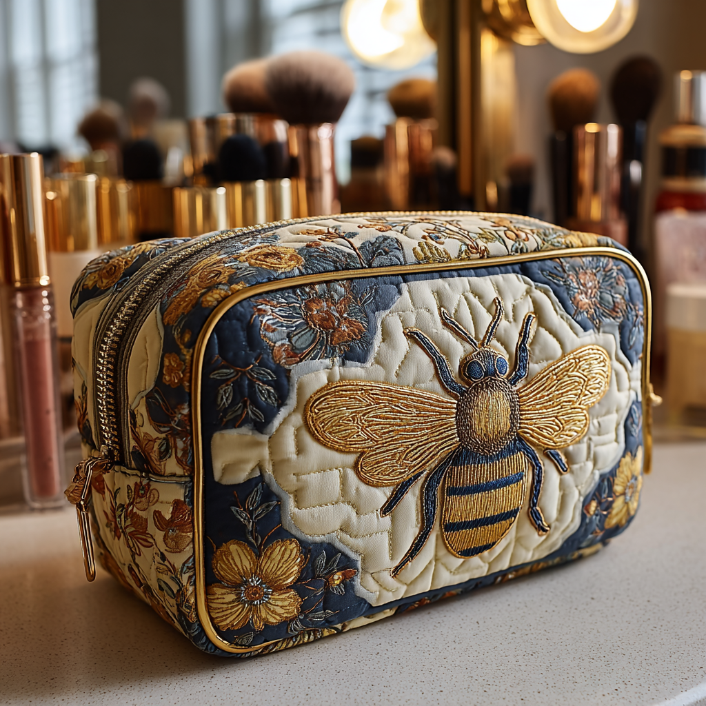 Bee Delight quilted make-up bag with honeybee in the centre of a cream honeycomb panel on navy