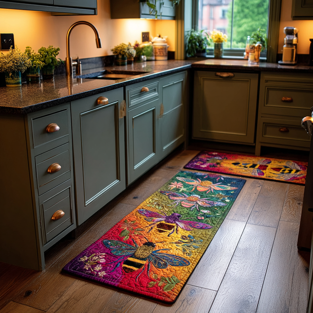 Bees and Flowers kitchen mat set – bees and bright flowers