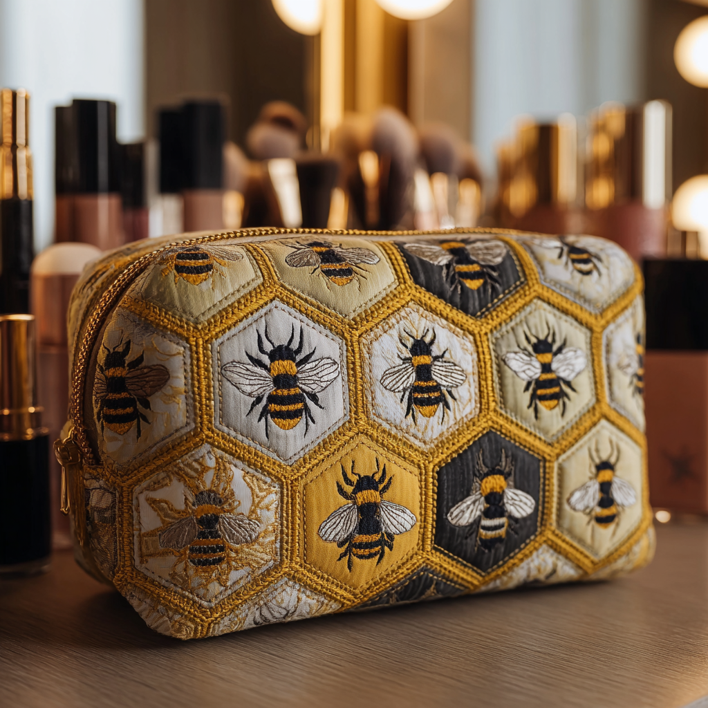 Bee Garden quilted make-up bag with small bees set into cream and gold hexagon honeycomb