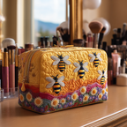 Bee Haven quilted make-up bag with row of bees over golden honeycomb above a band of wildflowers