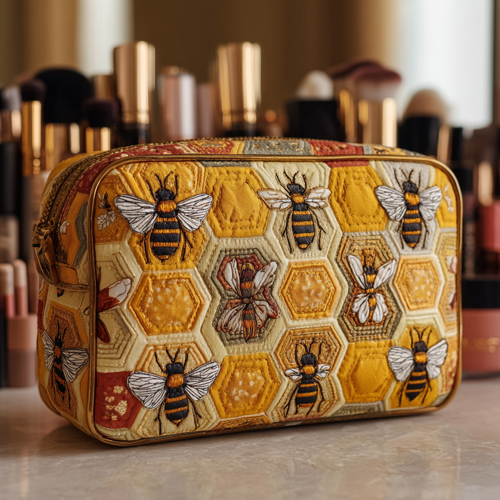 Bee Meadow quilted make-up bag with bees scattered across golden honeycomb patchwork