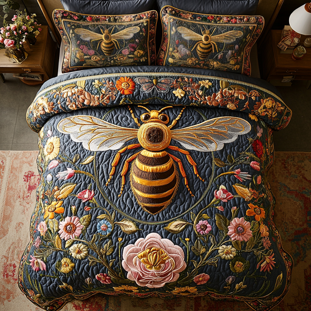 Honey Bee Garden quilted bedspread set – golden honey bee among colourful flowers