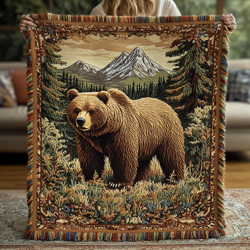Mountain Bear quilted throw – brown bear beneath snowy mountains