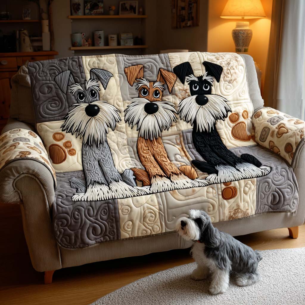 Schnauzer Trio quilted sofa cover – three schnauzers with paw prints