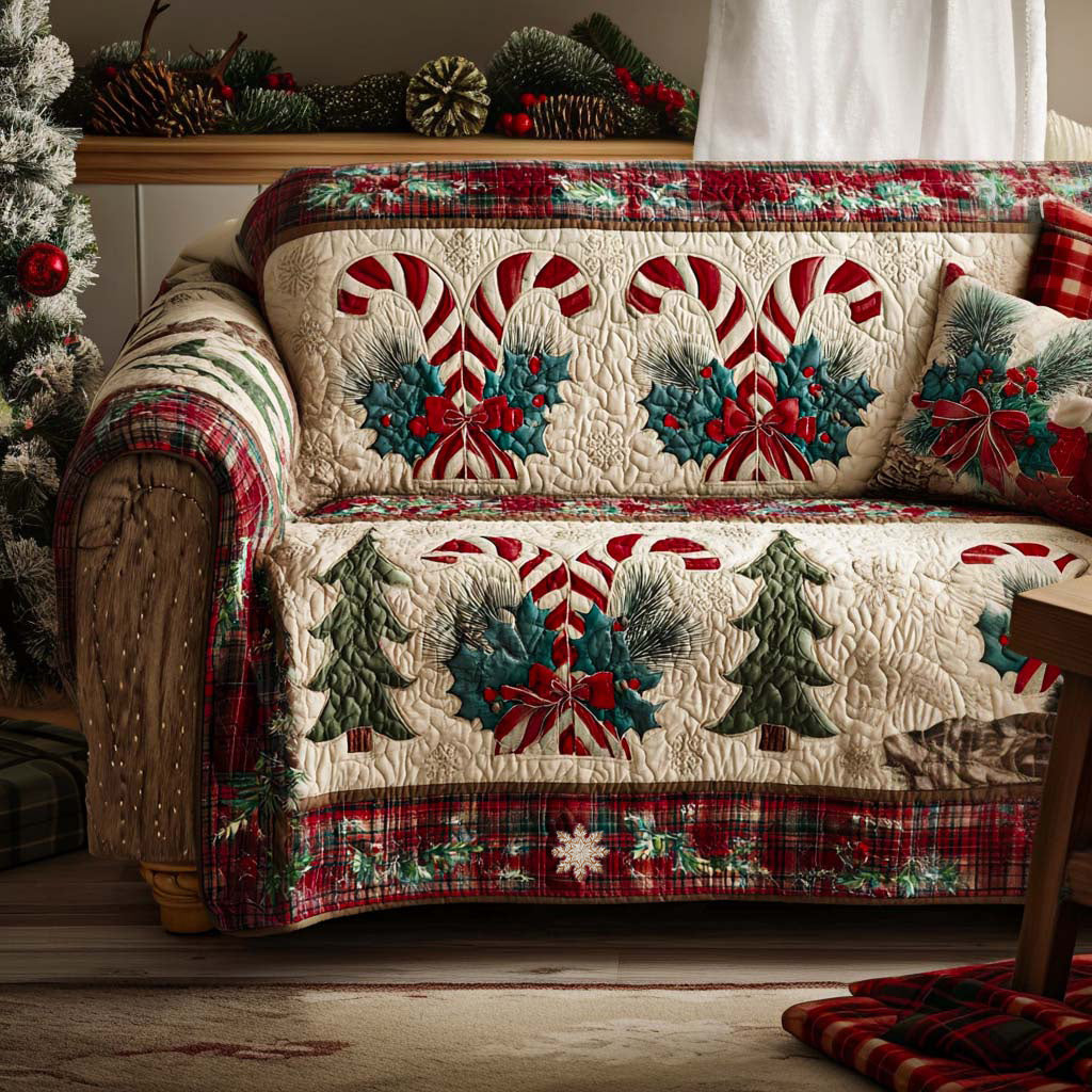 Candy Cane Christmas quilted sofa cover – candy canes and Christmas trees