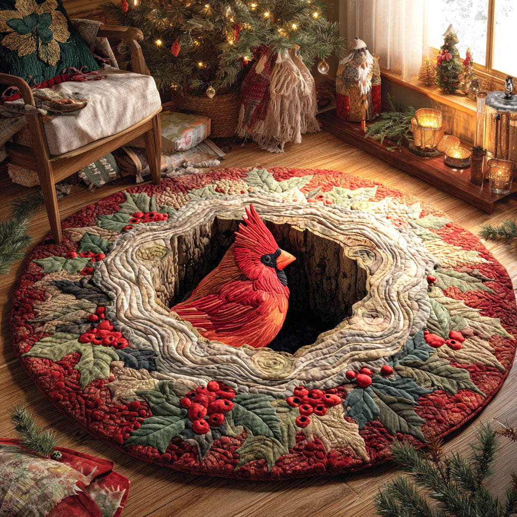Berry Haven Cardinal round quilted mat – cardinal in a holly hole