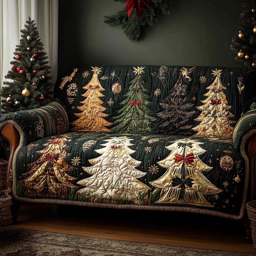 Golden Christmas Trees quilted sofa cover – gold Christmas trees on deep green