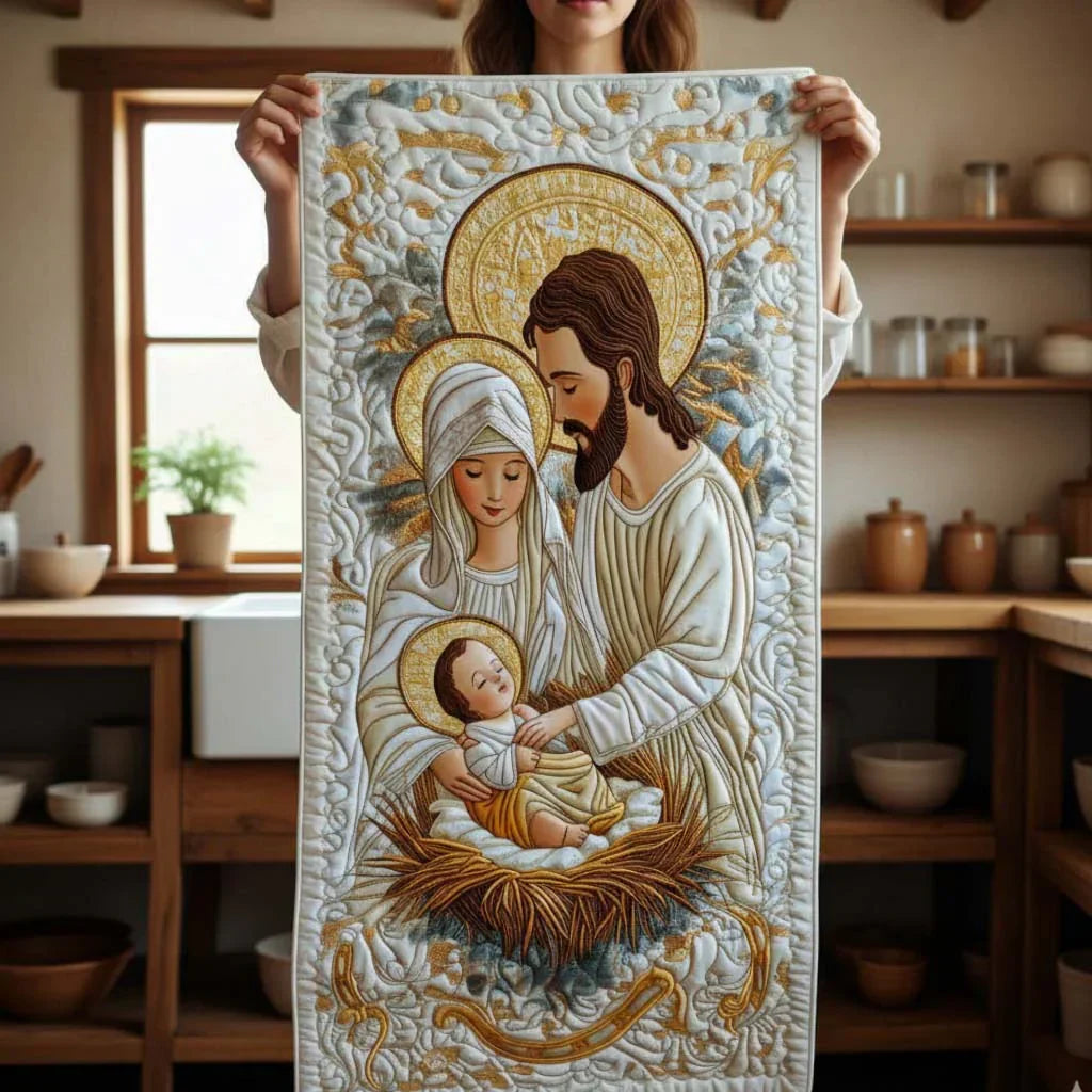 Bethlehem Starlight quilted table runner laid down the centre of a dining table