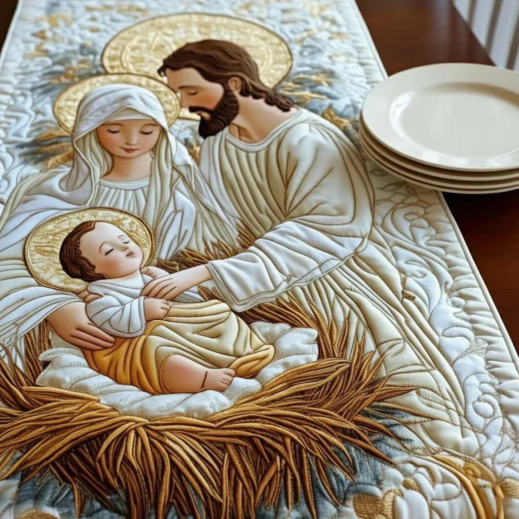 Close-up of the wave-stitch quilting on the Bethlehem Starlight table runner