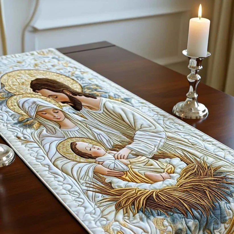 Bethlehem Starlight quilted table runner folded to show its length