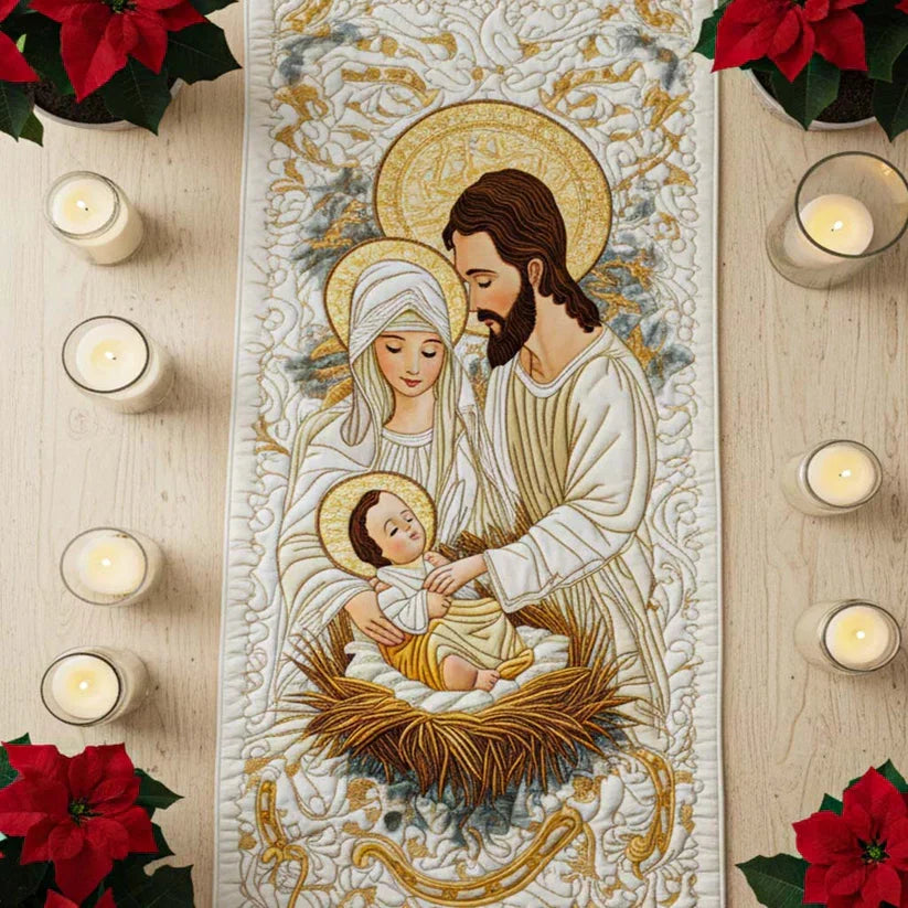 Bethlehem Starlight quilted table runner seen from one end, running the length of the table