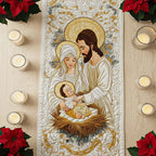 Bethlehem Starlight quilted table runner seen from one end, running the length of the table
