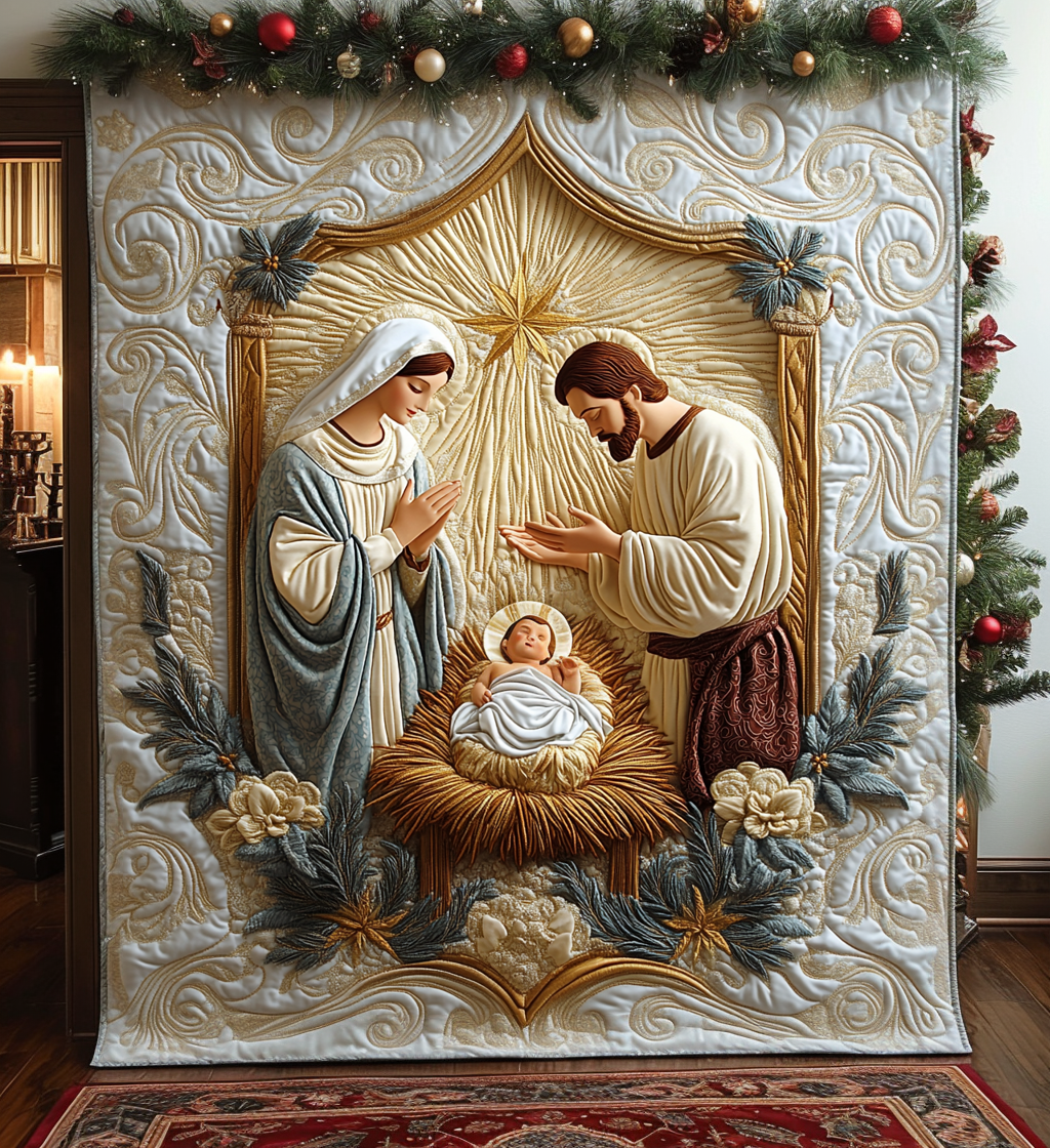 Bethlehem Manger quilted throw – mary and Joseph with baby Jesus in a golden arch