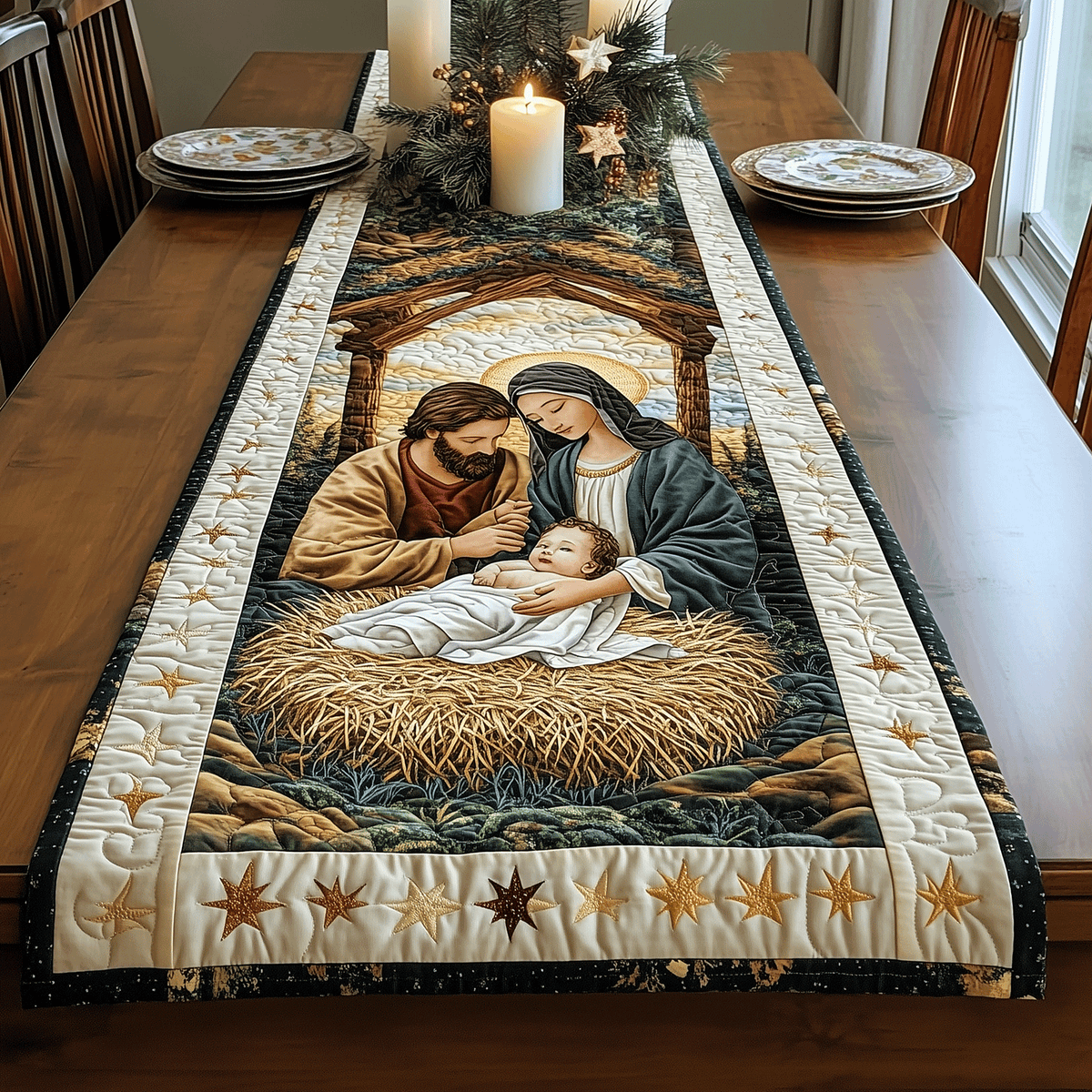 Stable Nativity quilted table runner – holy family in a stable