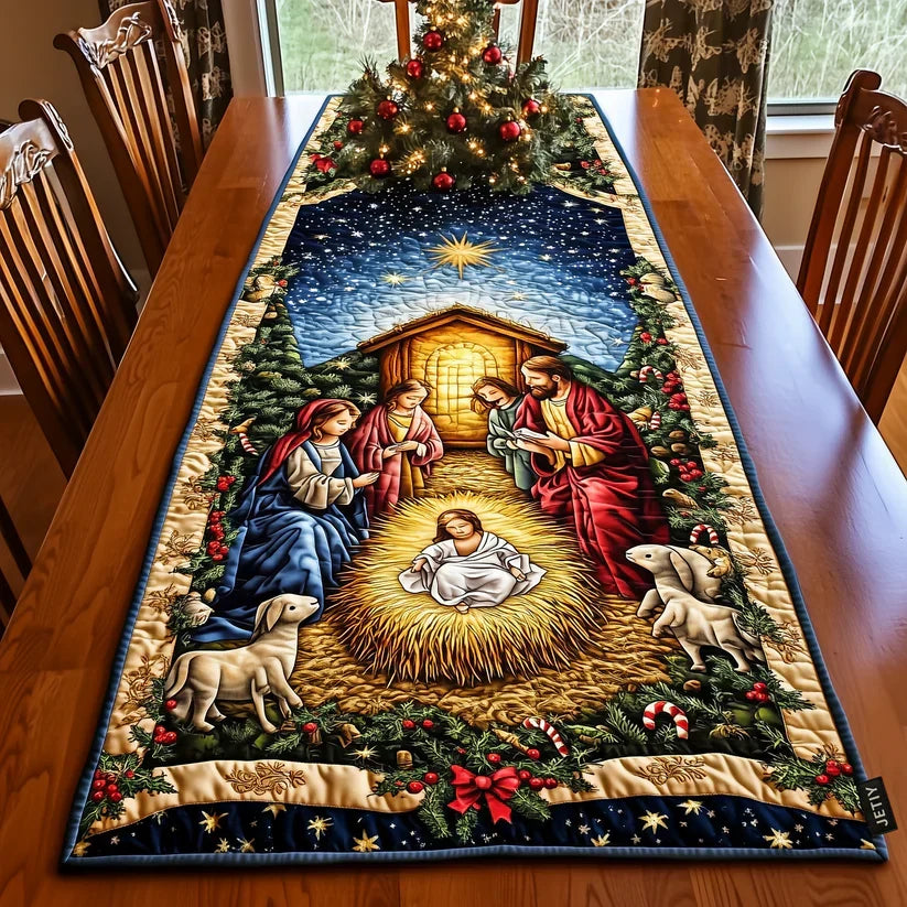 Quilted table runner with a bright star above a night sky and a distant town