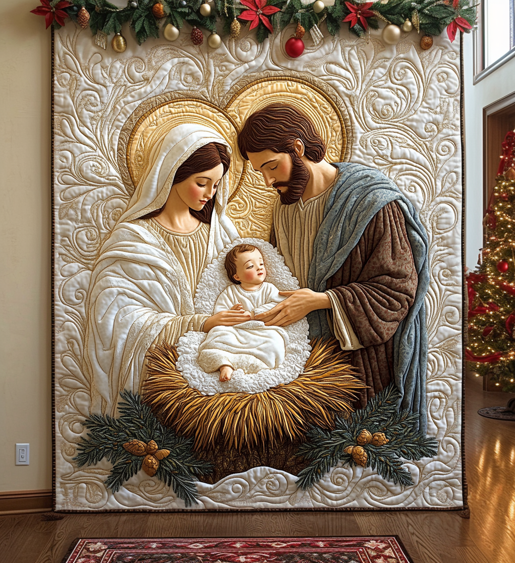 Holy Family quilted throw – mary and Joseph cradling baby Jesus
