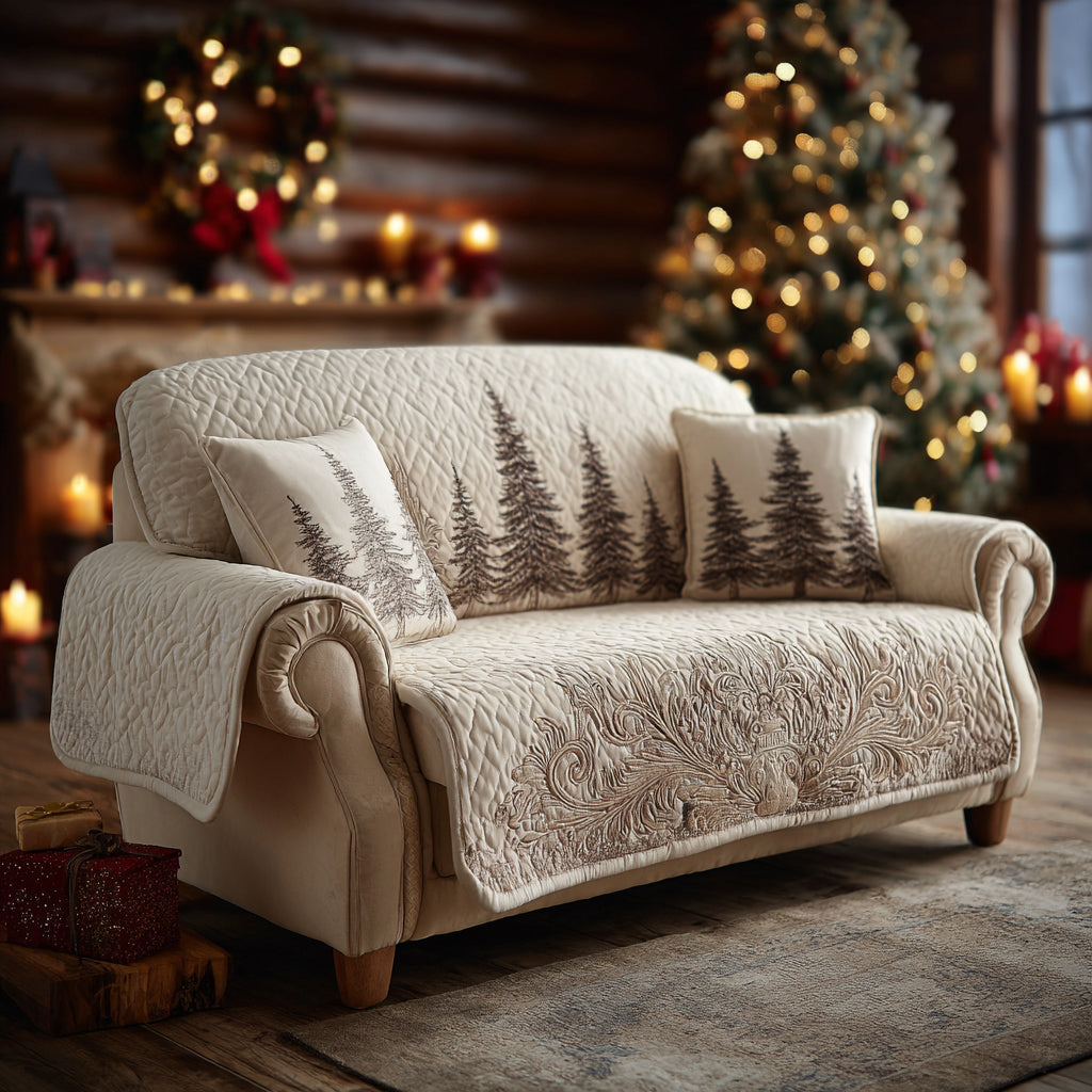 Ivory Pine Forest quilted sofa cover – quilted pine trees on ivory