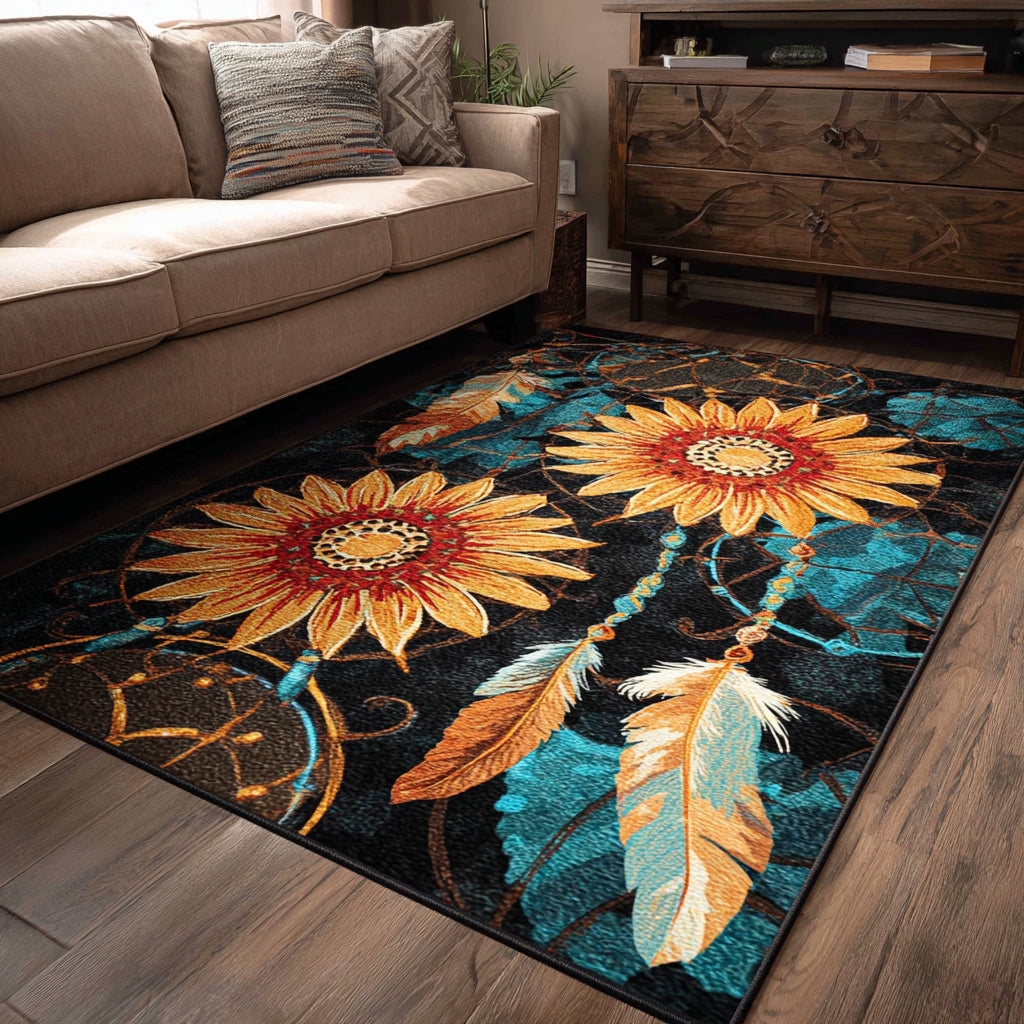 Beyond Borders rug – sunflowers and feathers