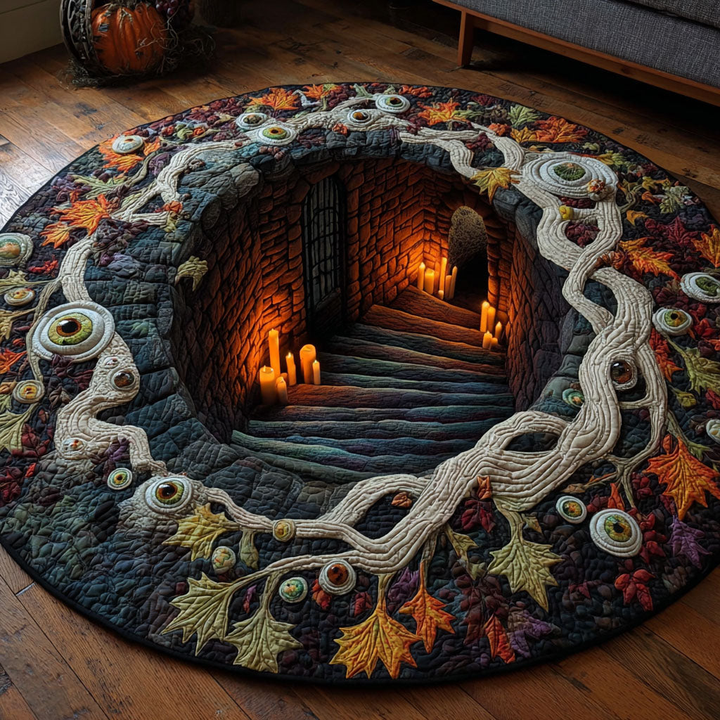 Beyond the Watchers round quilted mat – candlelit stairway