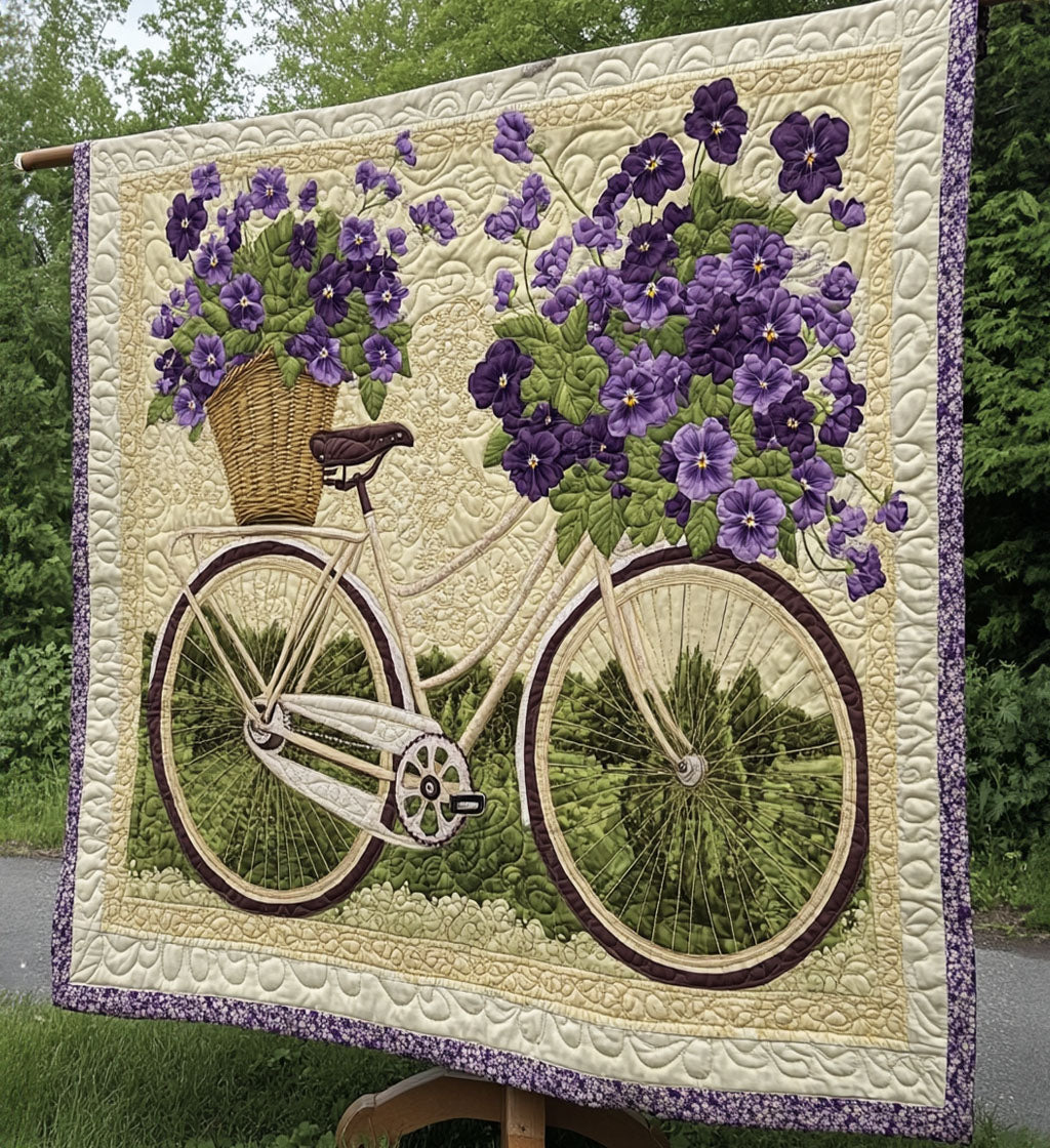 Violet Basket Bicycle art quilt – bicycle with violets