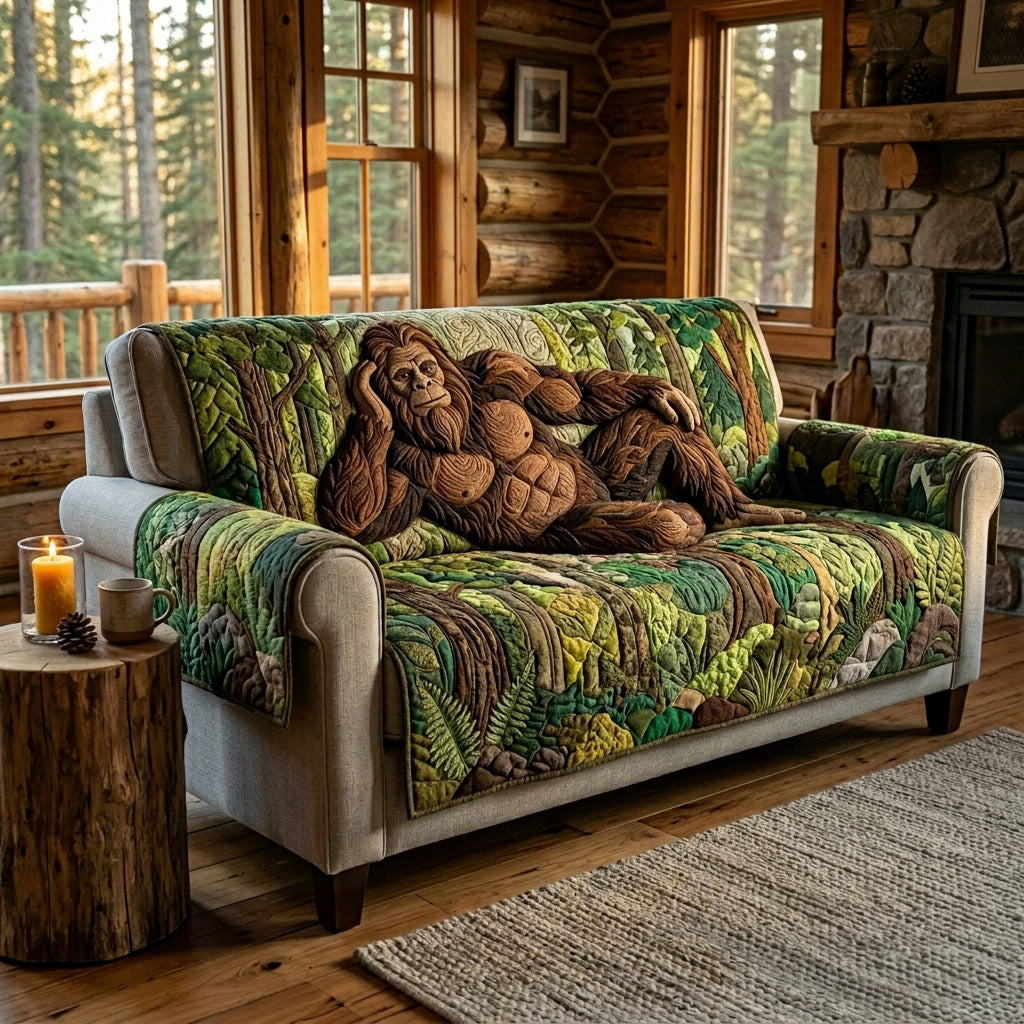 Bigfoot Alpine quilted sofa cover with a shaggy sasquatch across the seat on a dense green forest of ferns and pine