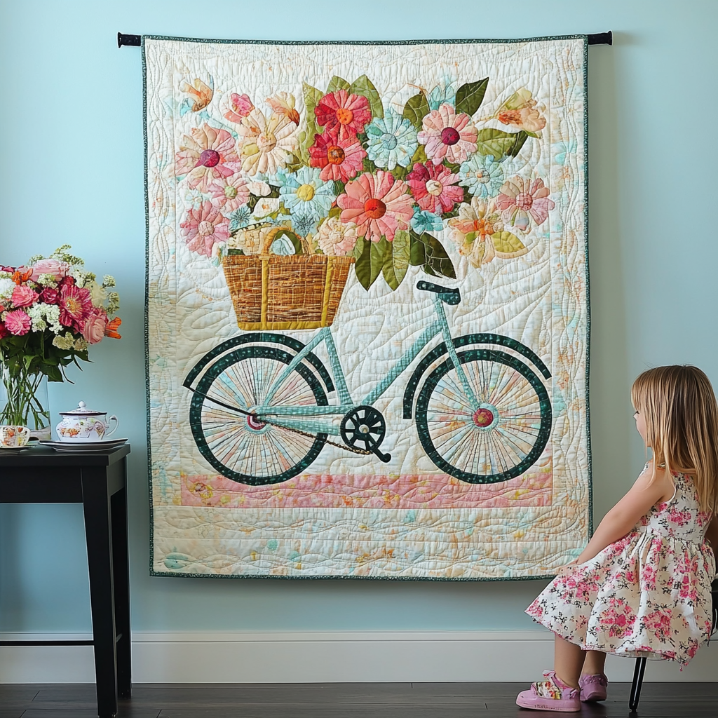 Spring Bicycle art quilt – bicycle with spring flowers