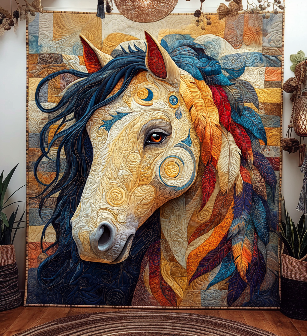 Painted Horse quilted throw – cream horse with swirling coloured mane