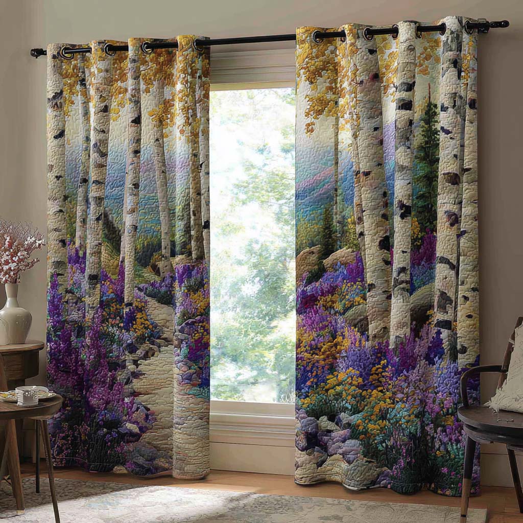 Birch Meadow quilted curtains – birch trees above wildflowers