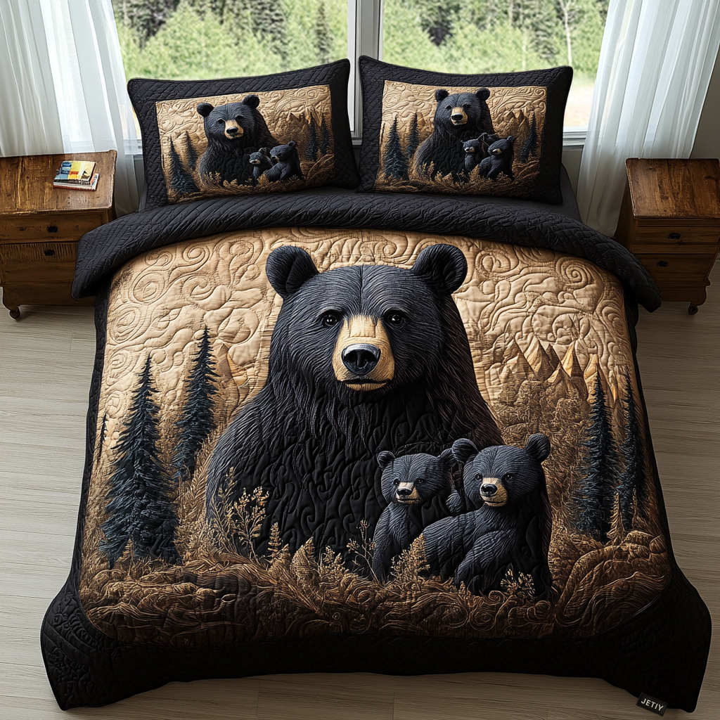 Black Bear Family quilted bedspread set – black bear and cubs among pines
