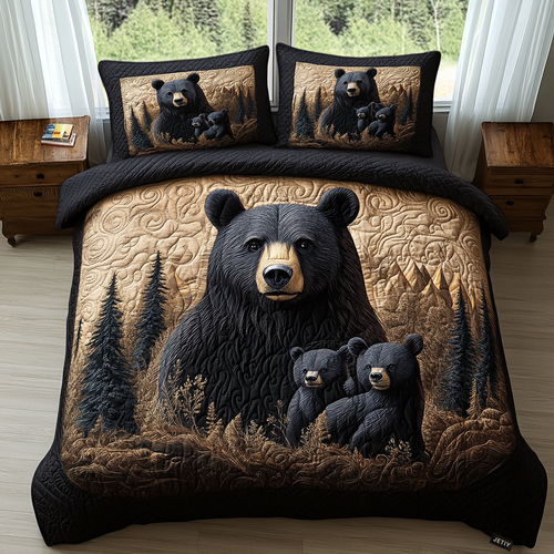 Black Bear Family quilted bedspread set – black bear and cubs among pines